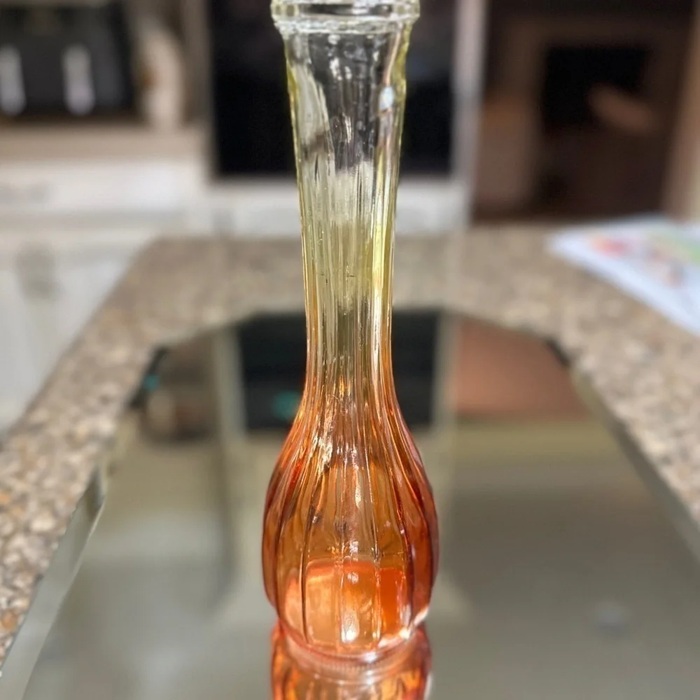 1950’S, JEANETTE GLASS, AMBERINA, STAR-FIRE ORANGE, RIBBED, BUD VASE.